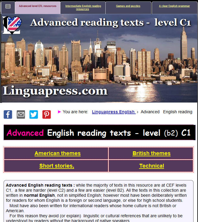 Licuar Bronceado recuperar Advanced level English reading - B2, C1 and C2 texts for students & teachers