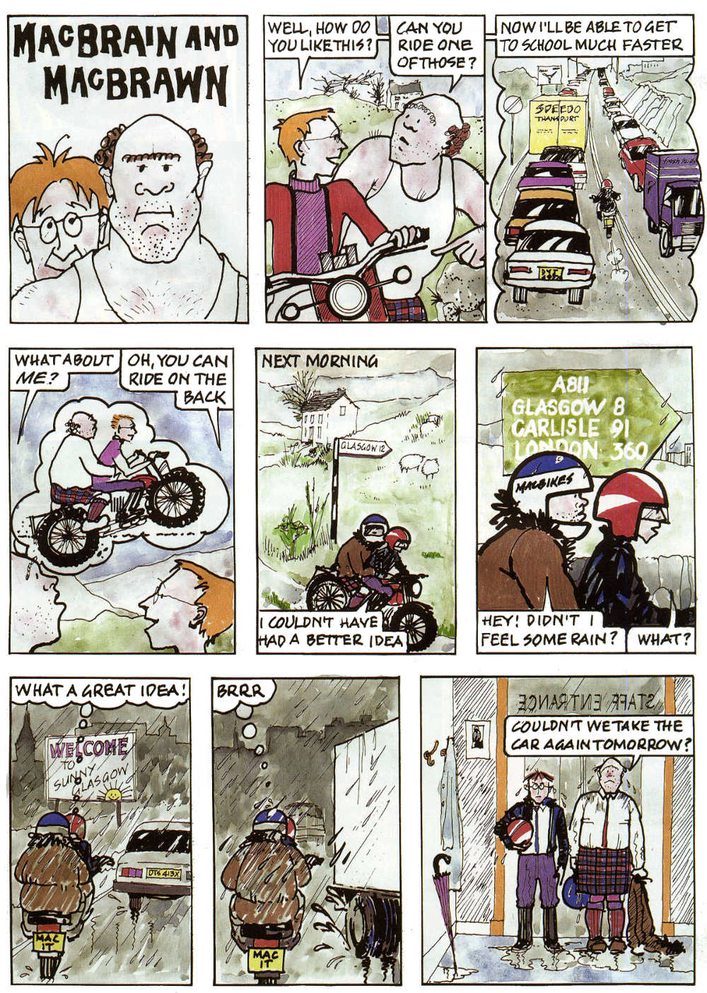 Simple English cartoon. MacBrain & MacBrawn - the motorbike