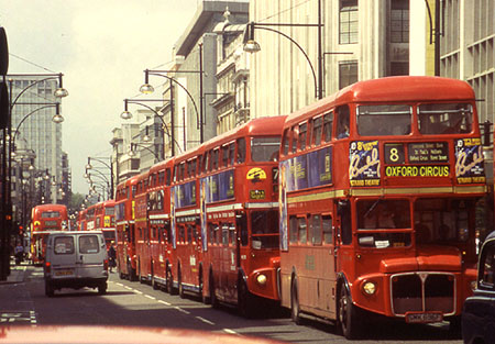 Line of Routemasters in London's Oxford Street